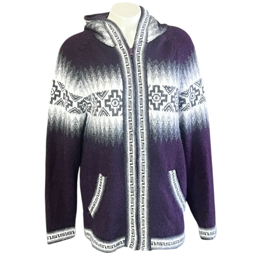 American South Side Alpaca‎ Wool Hooded Zip Up Sweater Jacket Purple Geometric M